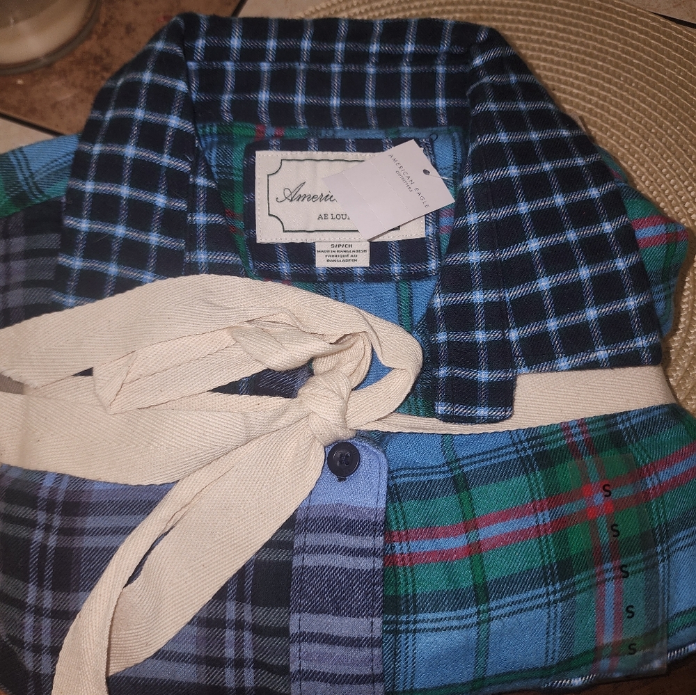 American eagle Seepwear Lounge Plaid Flannel Button Up Shirt and shorts